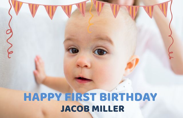 Caucasian baby boy celebrating first birthday with party decorations. Perfect for birthday invitations, baby milestone announcements, or social media posts celebrating a baby's special day.