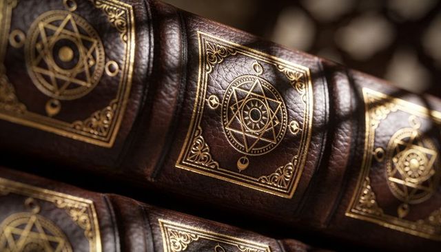 Antique leather book spines featuring gold embossed sigils and ornate geometric gilding