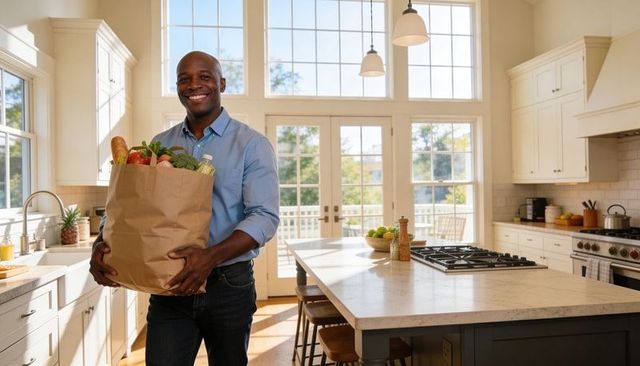 Smiling man carrying grocery bag in bright modern farmhouse kitchen with marble island