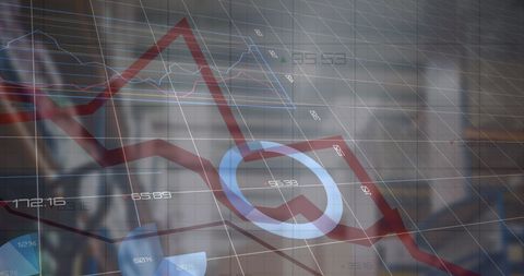 Digital financial graphs superimposed over warehouse setting