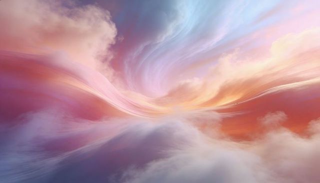 Swirling pastel cloud vortex over misty mirror sea, luminous dawn gradient horizon glow