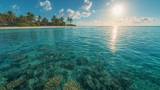 Turquoise shallows revealing coral reef and palm beach sun reflection