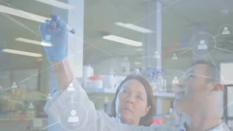 Scientists Collaborating with Digital Network Overlay in Laboratory