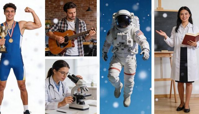 Floating astronaut with reflective visor and life-support pack in diverse careers collage