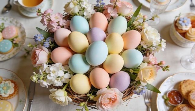 Pastel easter eggs nesting in floral centerpiece for spring tea brunch
