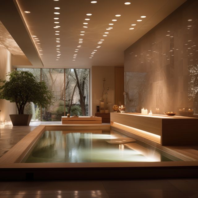 Relaxation pool room with garden view at modern health spa, created using generative ai technology. Health spa, wellbeing, architectural design and luxury concept digitally generated image.