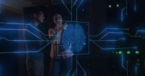 Digital Brain Overlay on Technicians in Server Room for Cybersecurity - Download Free Stock Images Pikwizard.com