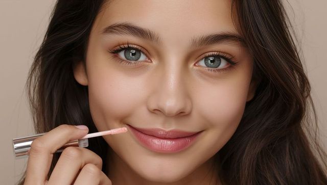 Applying pale pink lip gloss closeup, smiling woman showing glossy natural makeup
