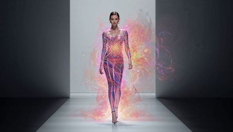 Futuristic neon runway model walking in iridescent bodysuit with holographic light trails