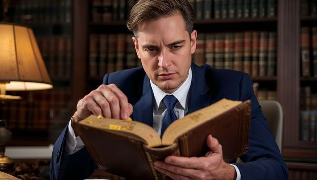 Attorney studying antique leather-bound law tome in classic law library interior