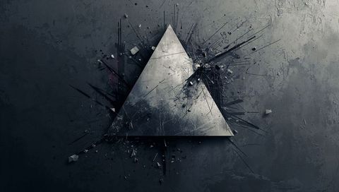 Metallic triangle breaking through concrete wall exploding shards industrial abstract