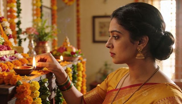 Indian woman in yellow saree lighting diya at shrine with flower garlands during festival