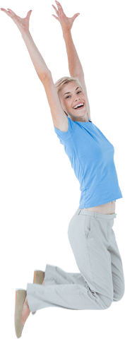 Cheerful blond woman jumping with joy on transparent background