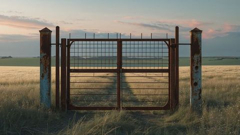 Rusted farm gate leading to idyllic pasture