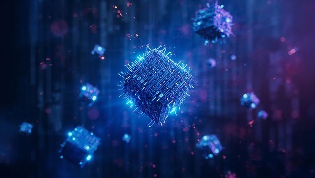 Futuristic neon blue circuit cubes in digital space