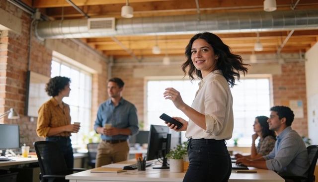 Young professional smiling with smartphone in modern open-plan office collaborative team