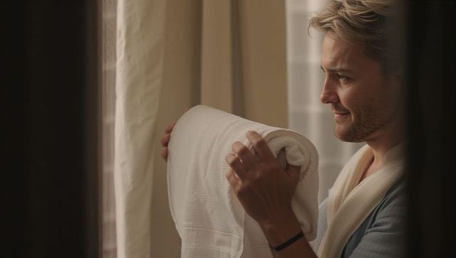 Man examining rolled white towel beside curtain window wearing robe morning spa moment