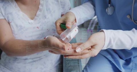 Nurse pouring pills into patient palm with floating digital health data and clinical tech