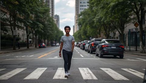 Urban pedestrian walking across crosswalk on tree-lined avenue with parked cars