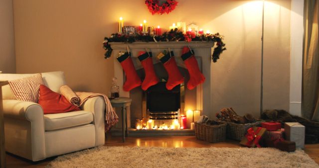 Fireplace decorate with christmas decor and ornaments in living room at home 4k