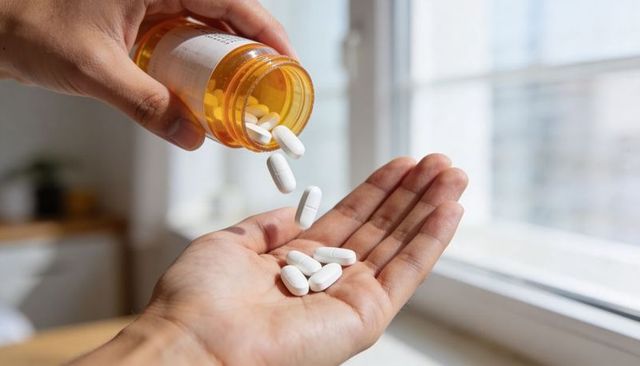 Hand pouring white prescription tablets from amber pill bottle into palm by sunlit window