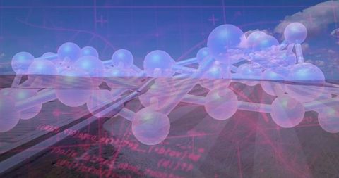 Translucent Molecular Network Hovering Over Empty Highway with Neon Code Overlay