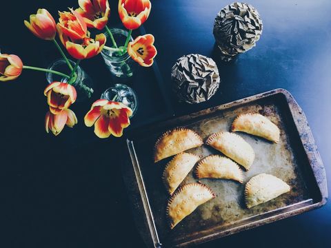 Freshly Baked Empanadas with Tulip Bouquet Floral Arrangement