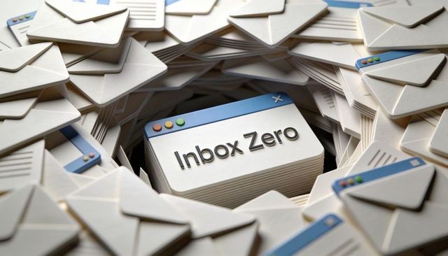 Inbox zero card rising above email clutter, floating window interface with envelopes