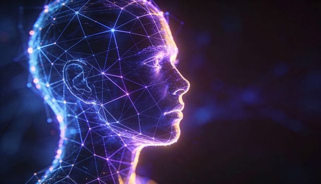Neon Wireframe Human Head Profile with Neural Mesh and Glowing Nodes