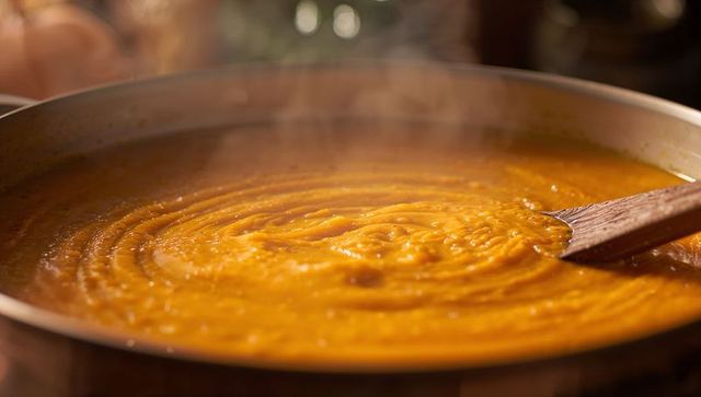 Stirring Creamy Pumpkin Soup, Steaming Autumn Comfort Food Closeup