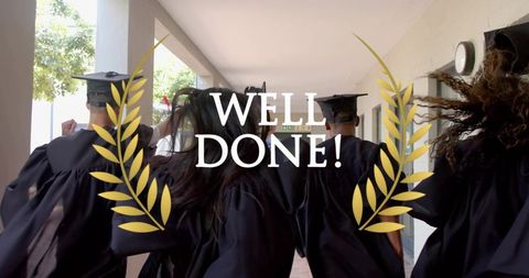 Walking graduates wearing caps and gowns celebrating success with laurel overlay