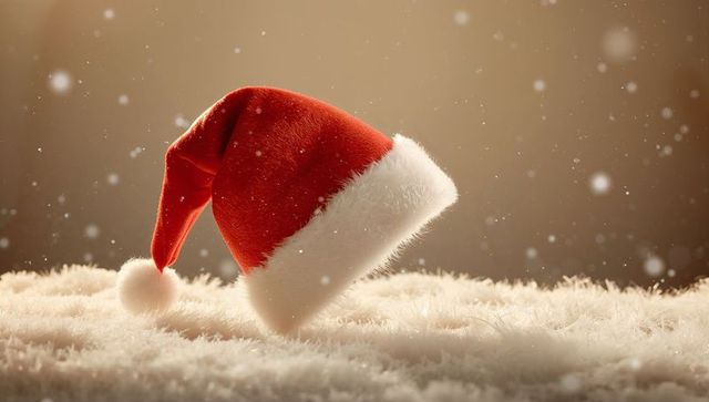 Red Velvet Santa Hat on Faux Snow with Falling Snowflakes and Warm Golden Bokeh