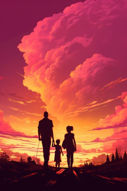 Silhouette of a family walking at sunset with dramatic and colorful clouds in the sky. Useful for themes of family bonding, togetherness, evening activities, and scenic landscapes. Ideal for posters, websites, or promotional materials involving family outdoor activities.
