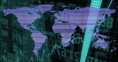 Digital world map showing global financial data visualization with neon analytics overlay