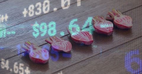 Striped beetroot slices showing rings with financial ticker overlay on rustic wood table