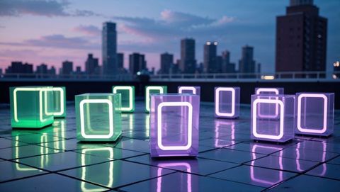 Futuristic Neon Cubes on Rooftop at Dusk