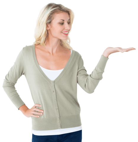 Smiling blonde woman presenting open hand transparent background