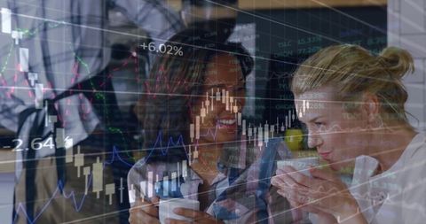 Business colleagues chat overlaid with stock market analysis