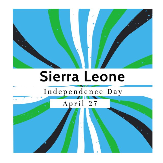 Banner design celebrating Sierra Leone's Independence Day on April 27, featuring vibrant and dynamic colorful stripes on a blue background. Ideal for use in digital announcements, social media posts, website banners, posters, and promotional materials related to the event.