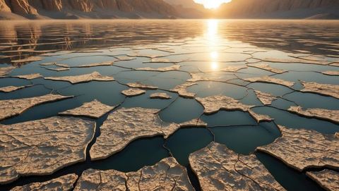 Floating cracked earth plates reflect morning sun in drought-impacted canyon
