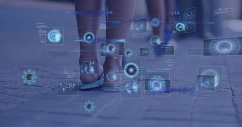 Friends walking with futuristic holographic interfaces