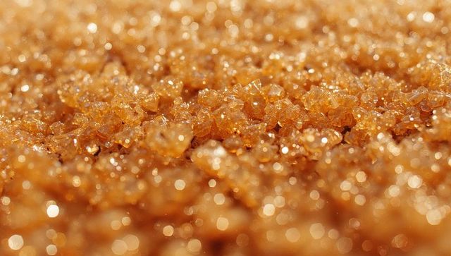 Close-up of brown sugar crystals with golden bokeh