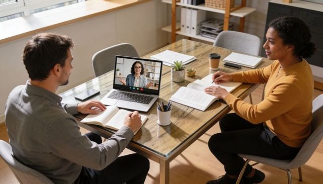 Remote team collaborating and taking notes during laptop video call in modern home office