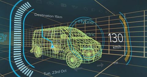 Futuristic virtual simulation display with 3d wireframe van