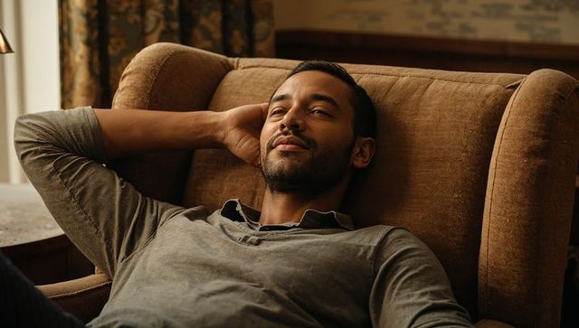 Reclining man in cozy armchair enjoying quiet moment, warm ambient living room scene for relaxation