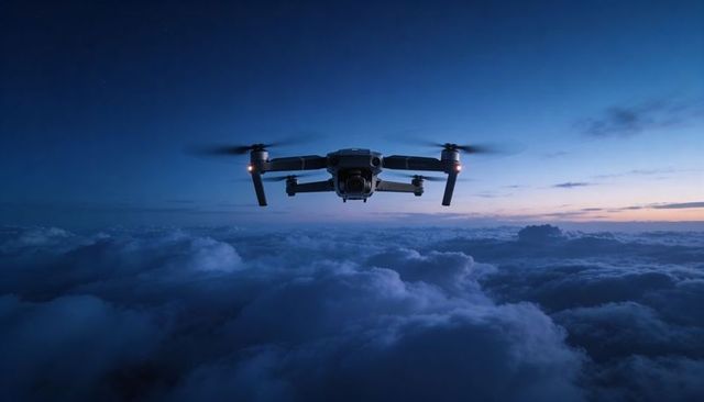 Quadcopter drone hovering above twilight clouds with navigation lights and horizon