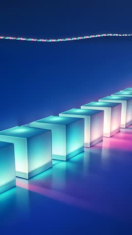 Vertical video pulsing glowing cubes shifting cyan to pink along reflective dark hall