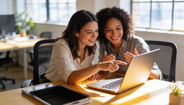 Two female coworkers collaborating at laptop in bright modern open-plan office, smiling