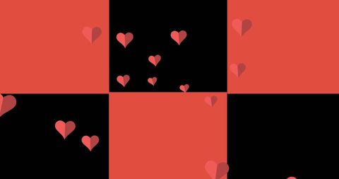 Floating red hearts on checkerboard pattern background