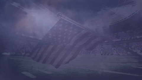 Football field with waving American flag and animated data elements